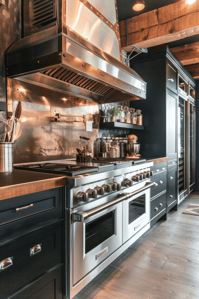 Industrial kitchen with steel and copper