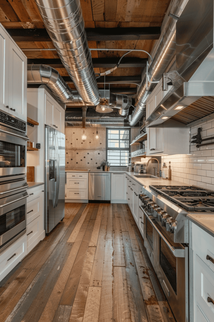 White industrial kitchen with wooden floor and exposed ceiling 