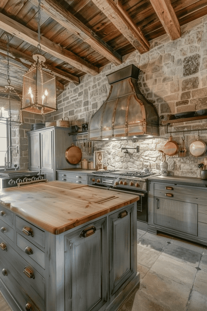 Rustic industrial cuisine with stone wall