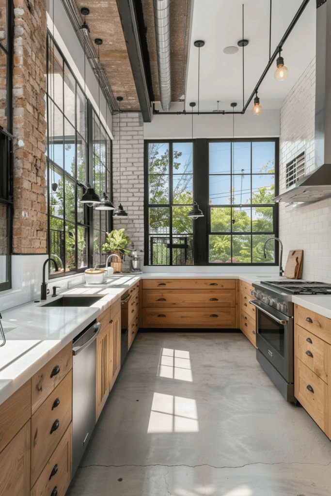 White industrial kitchen with brick 