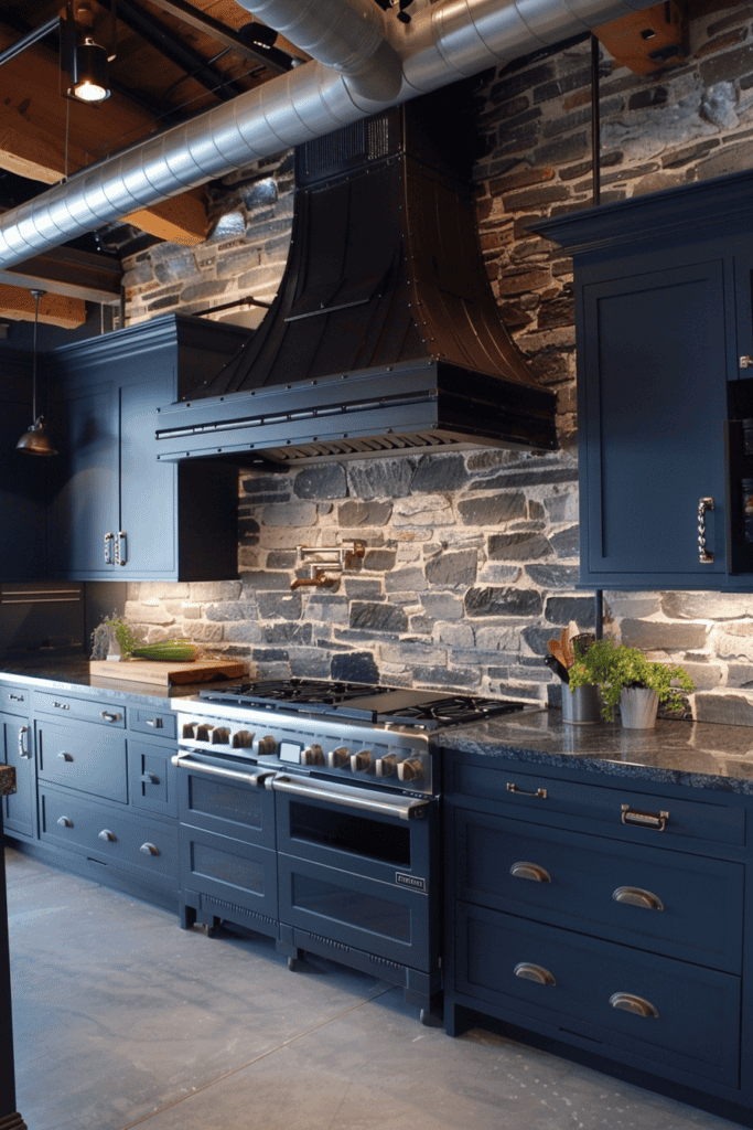 Blue cupboards in an industrial cuisine with concrete floors