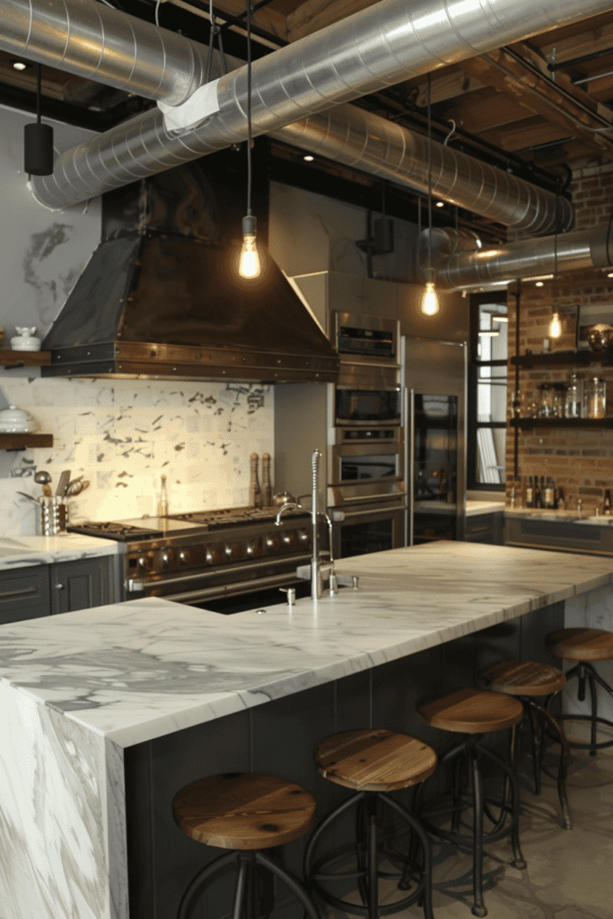 Granite Island and Backplash Industrial Kitchen 