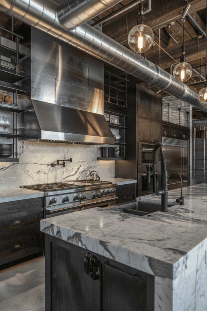 Gray industrial kitchen with granite island