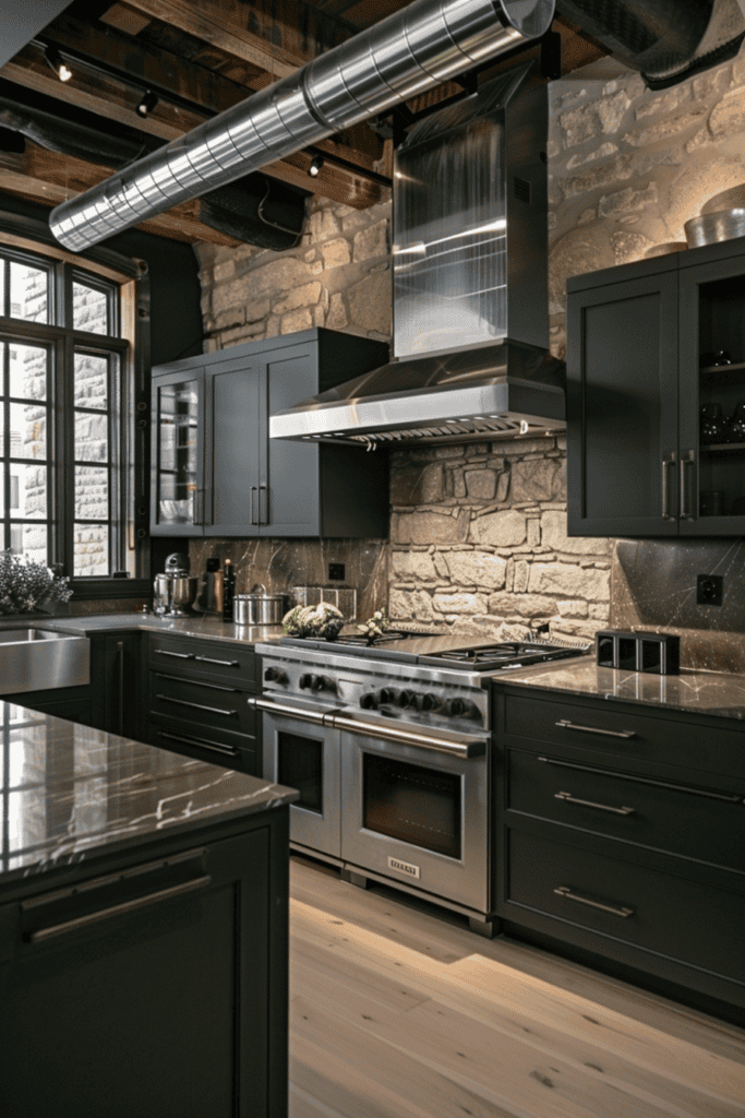 Black cupboards stone industrial kitchen 