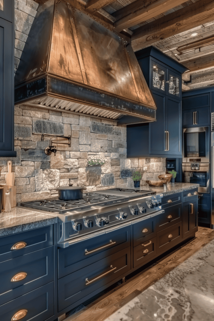 Industrial kitchen in blue and copper