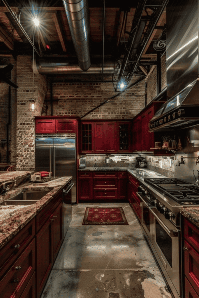 exposed brick in a red kitchen and industrial pipes and lines