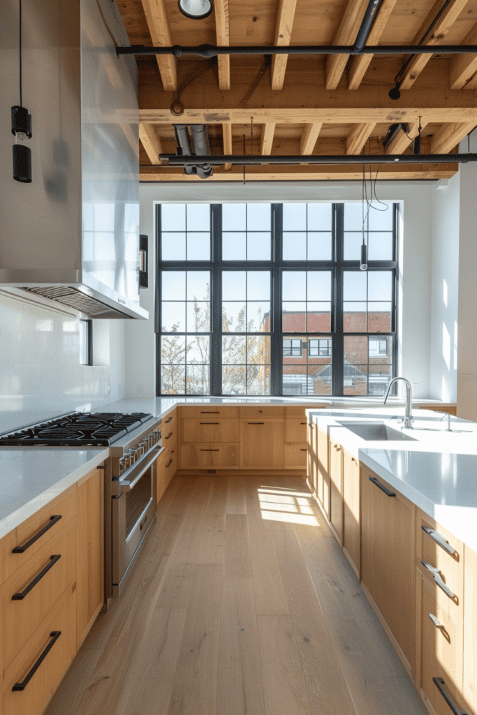 Clean modern industrial kitchen with white counters