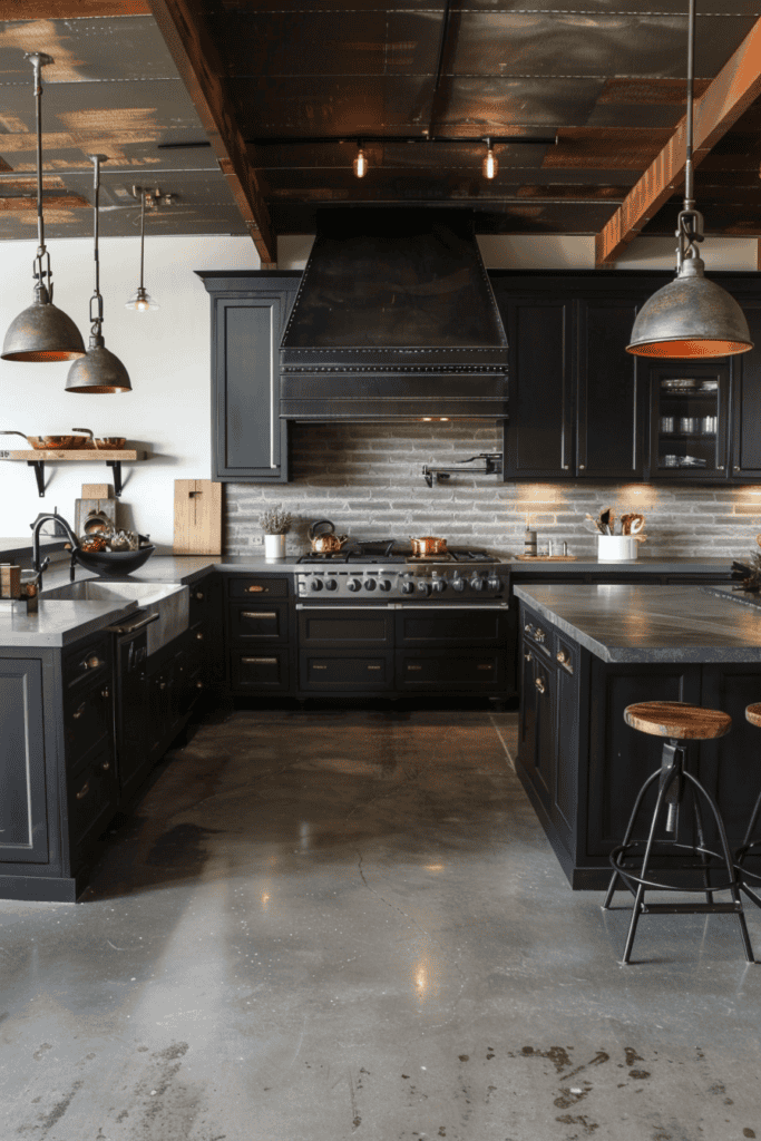 Large black kitchen cabinets with industrial lighting and ceiling. 