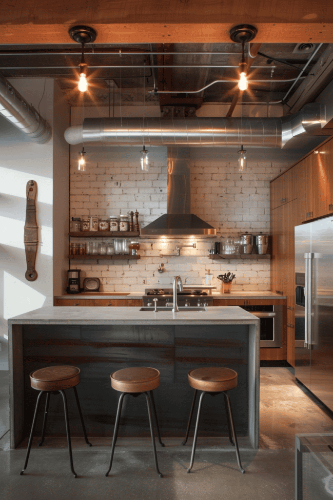 Industrial kitchen modern cupboards with concrete island