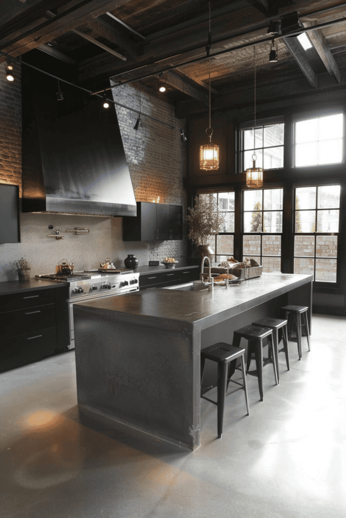 exposed brick with concrete island and black cupboards 