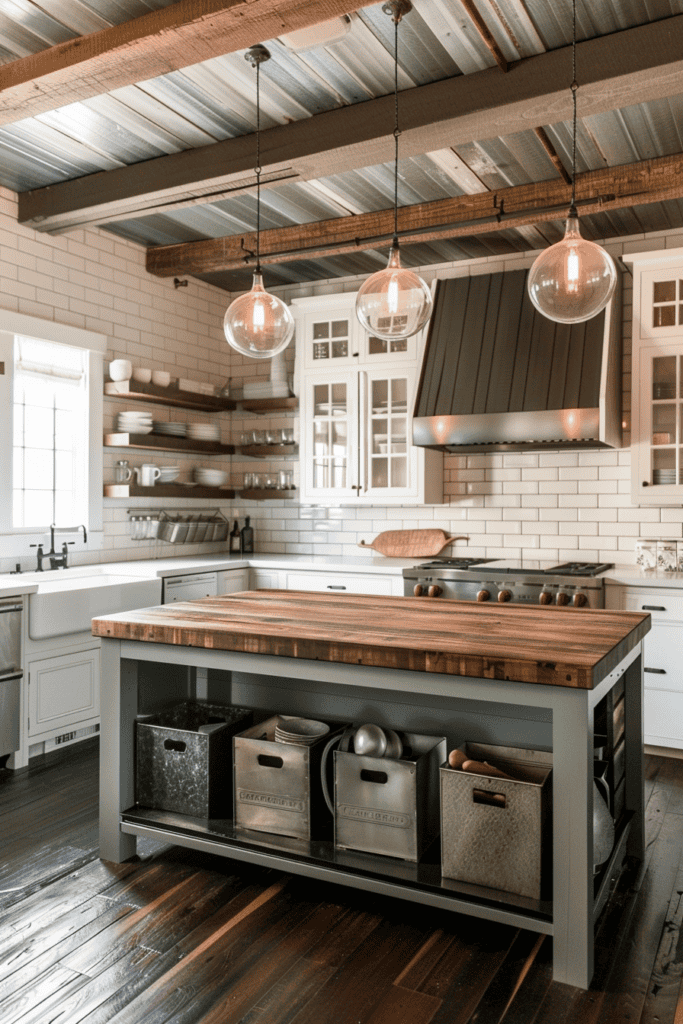 Farmhouse Industrial Kitchen with white U -Bahn tiles and Butcher Block Island