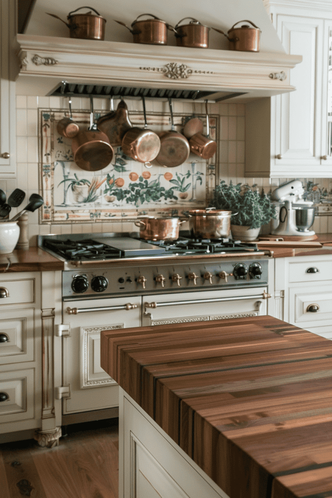 Pretty French cuisine with cream -colored cupboards 