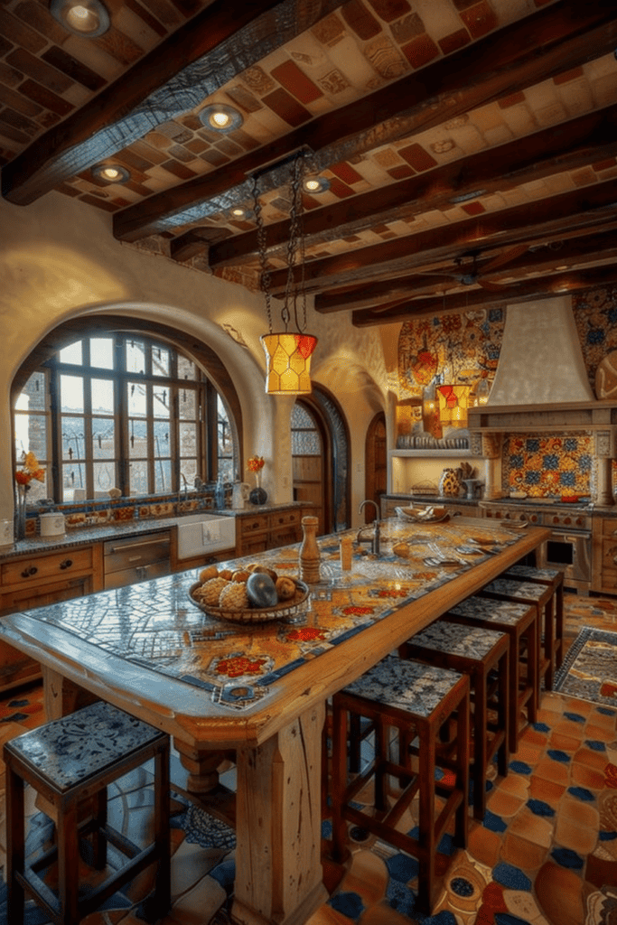 Beautiful table island in a Mexican Hacienda kitchen. Colorful tile work