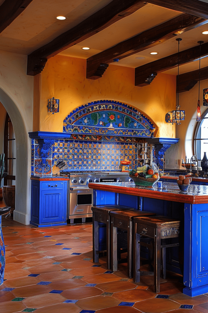 Hell orange and blue Mexican Hacienda kitchen