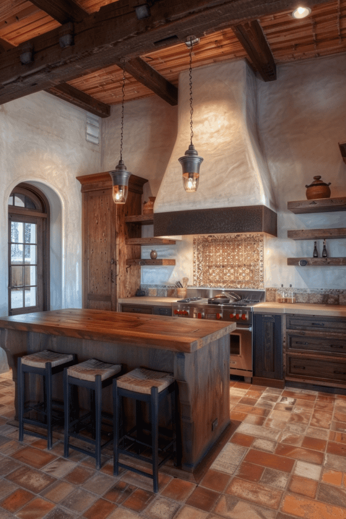 Simple but classic Mexican Hacienda kitchen with a large hood