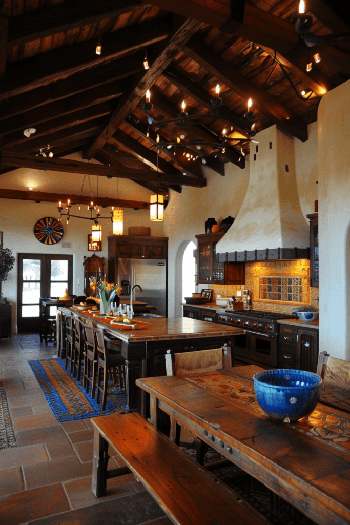 Large Mexican Hacienda kitchen with tons of seating