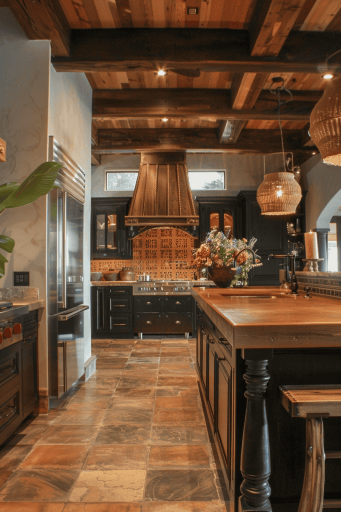 Elegant Mexican Hacienda kitchen with copper hood