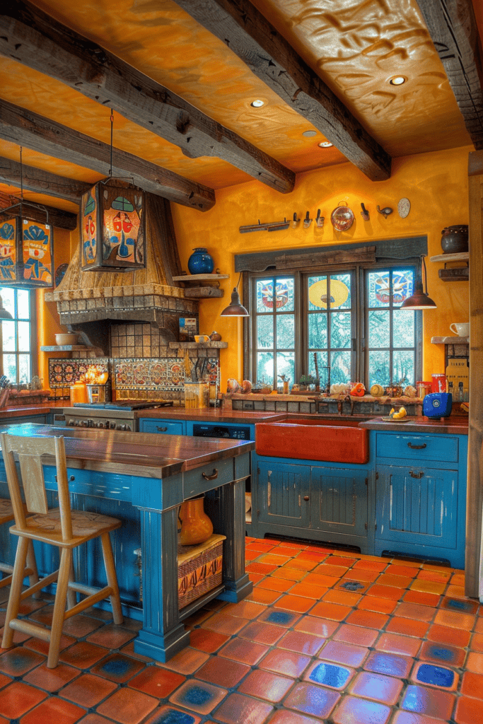 Colorful and funny Mexican Hacienda kitchen in blue and yellow