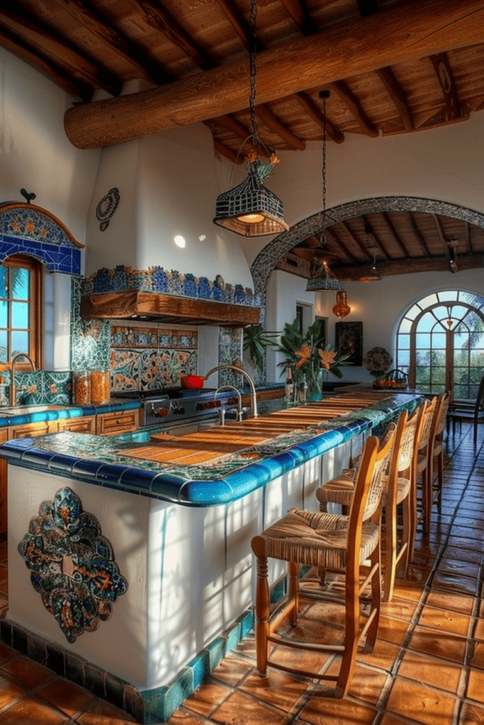 Mexican Hacienda kitchen in white, blue and blue -green