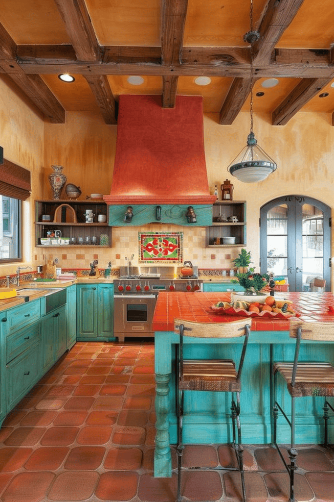 Turquoise and orange Mexican Hacienda kitchen