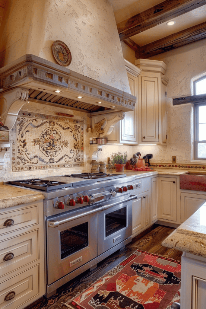 Rich and elegant cream -colored Mexican Hacienda kitchen with a mosaic -backplash