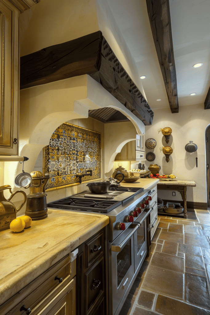 Clean Mexican Hacienda kitchen with dark wood, cream walls and terracotta tiles