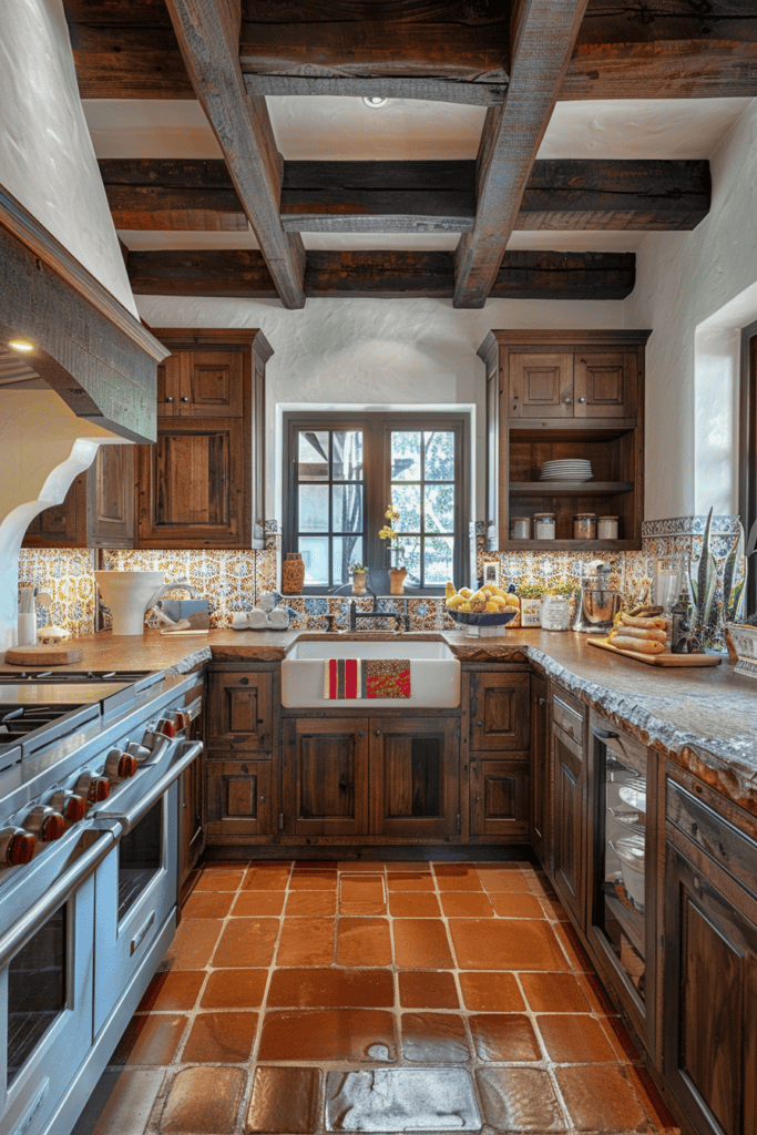 Simple Mexican Hacienda kitchen with wooden cabinets and colorful back splash