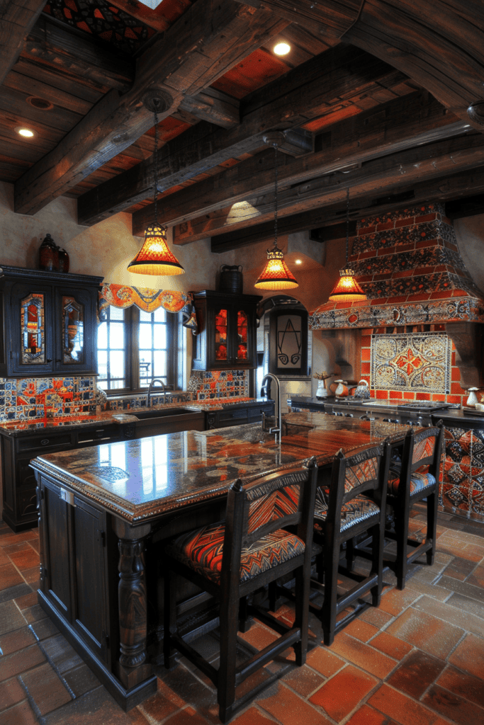 Dark and moody Mexican Hacienda Kitchenin black and red