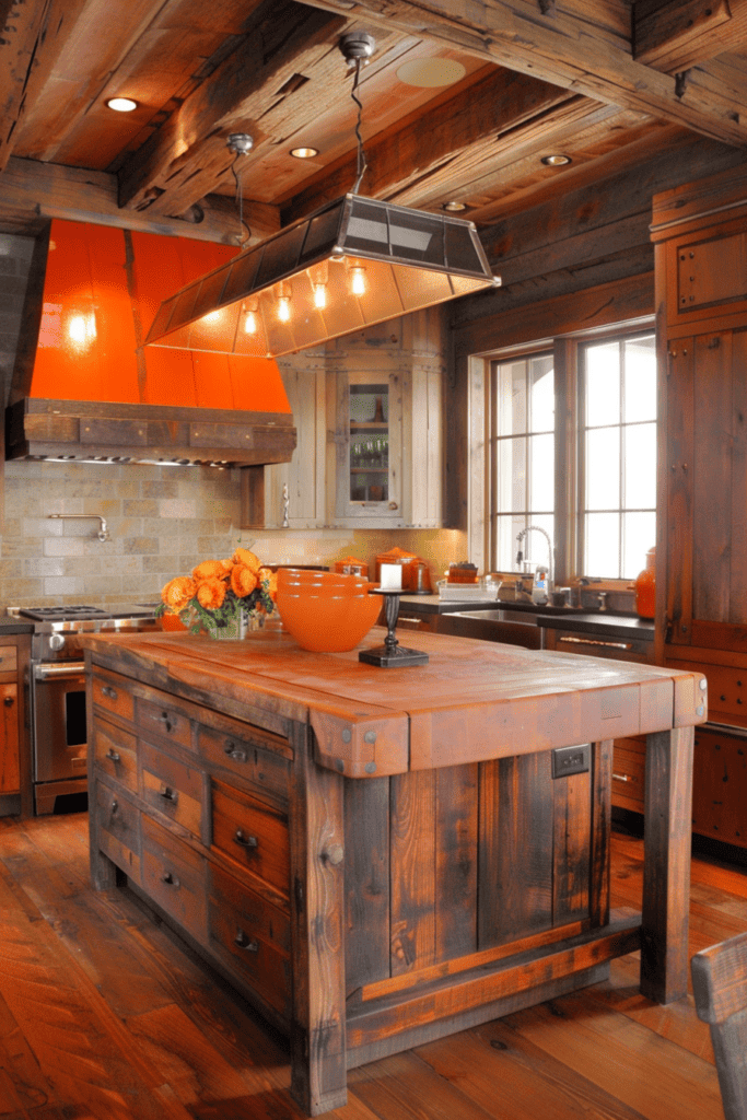 Orange -colored kitchen hood and island