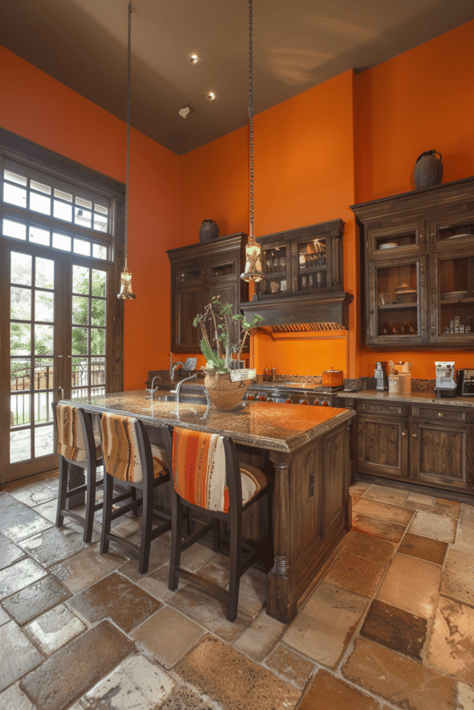 Orange walls in a kitchen with wooden cabinets