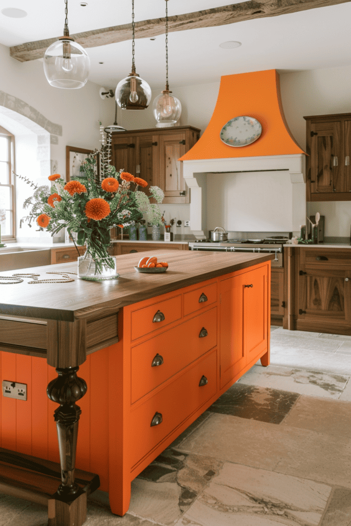 Pop of Orange in a beautiful kitchen