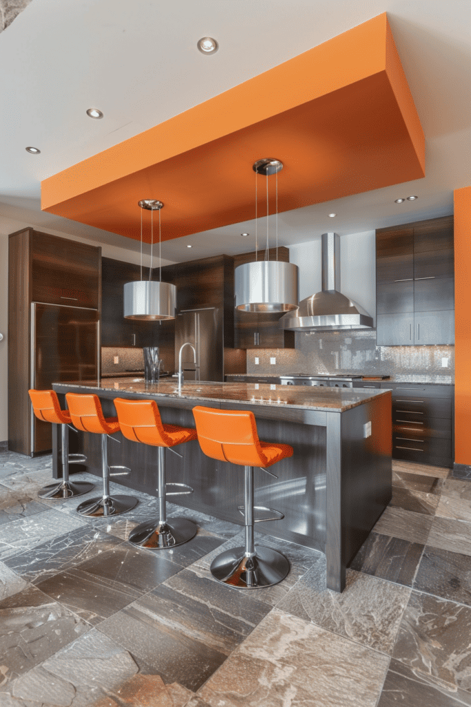 Modern gray kitchen with orange accent 