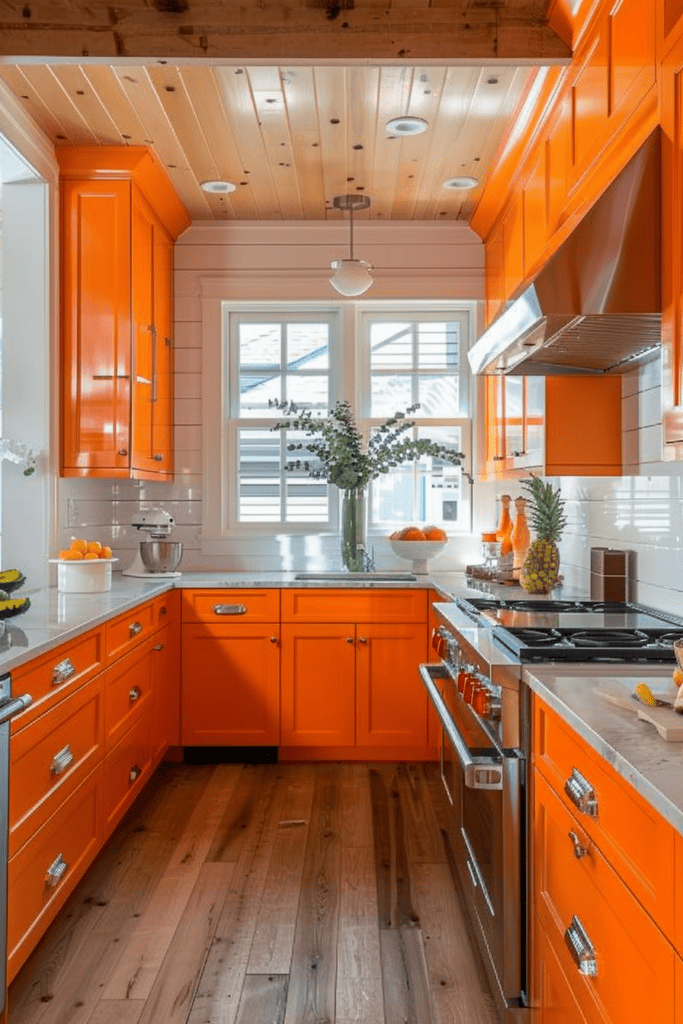 Orange cupboards and white Shipap kitchen