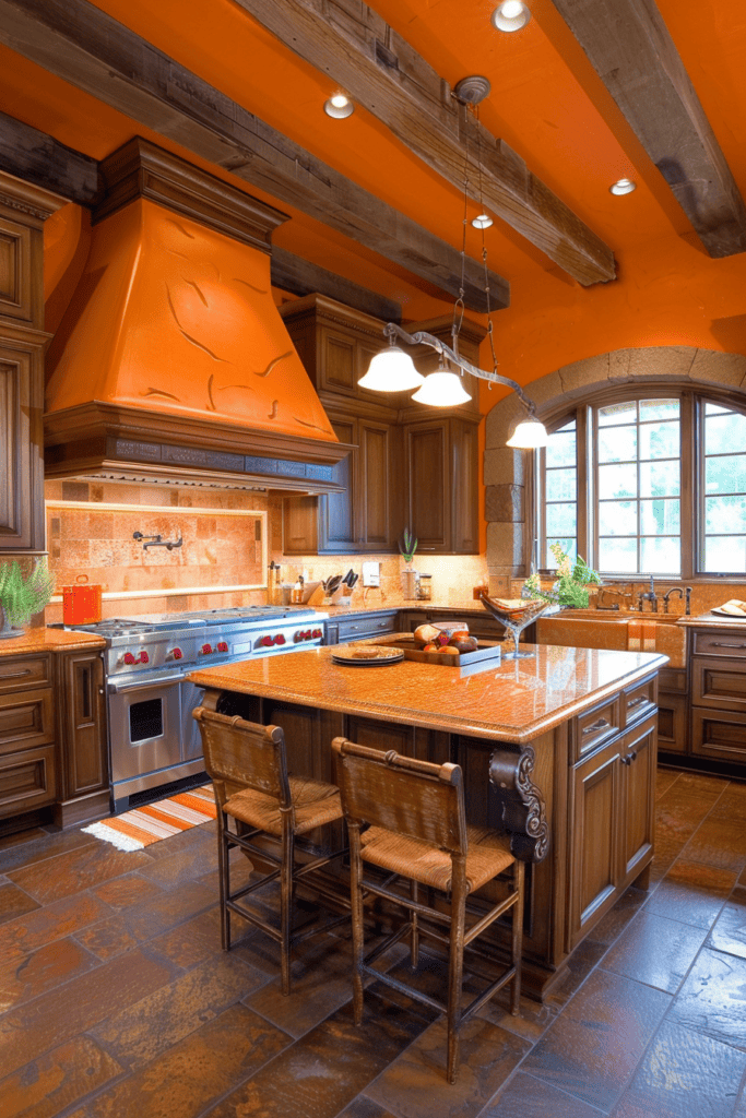 Beautiful orange kitchen with orange blanket 