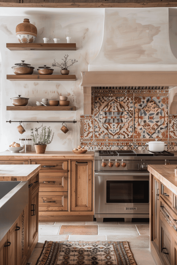 patterned backsplash Spanish Villa Kitchen  with open shelves