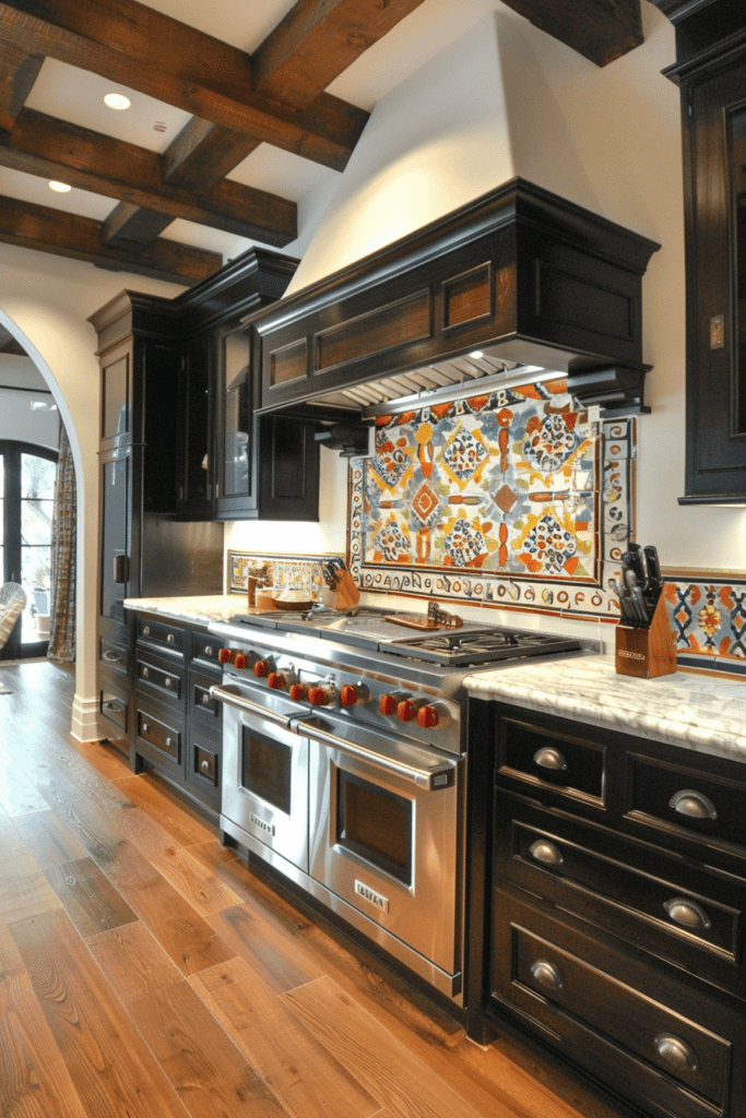 black and white patterned backsplash Spanish Villa Kitchen 