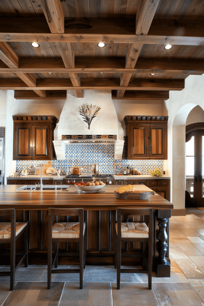 beautiful Spanish Villa Kitchen with blue and white backsplash