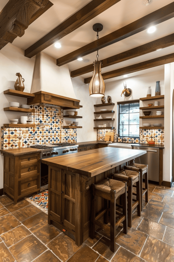 simple Spanish Villa Kitchen with open shelving