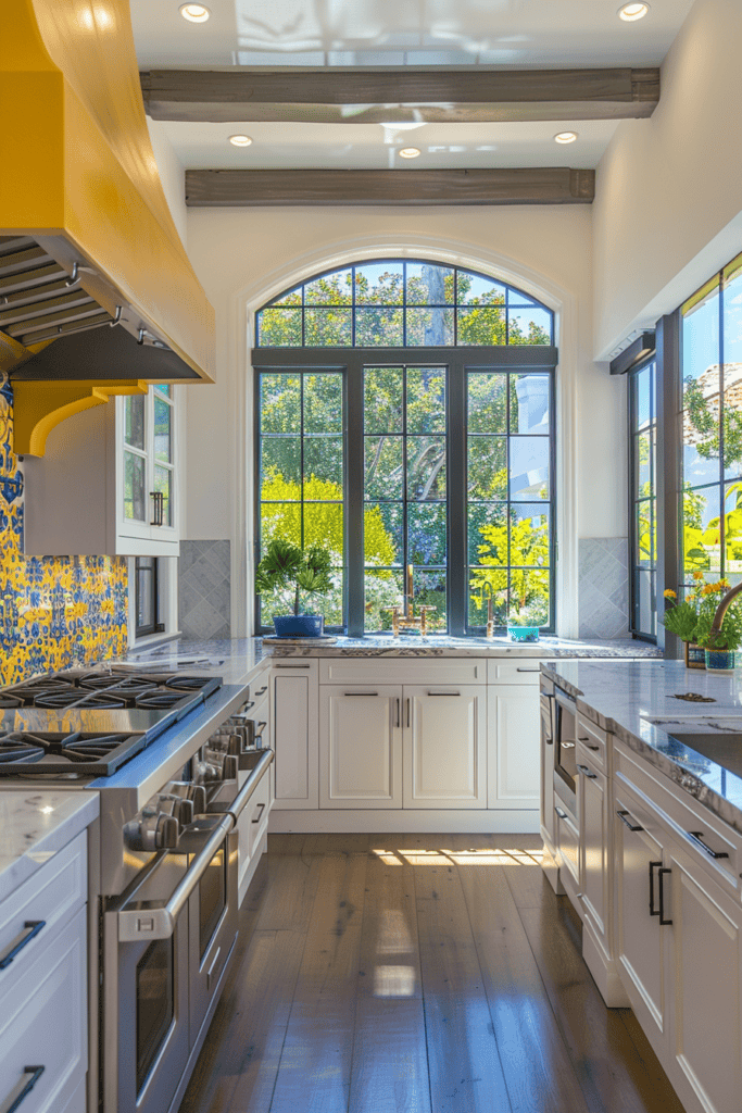 bright and airy Spanish Villa Kitchen  in white and yellow