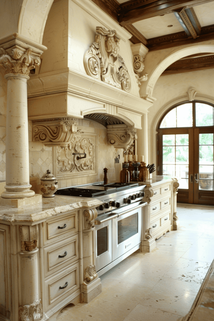 luxury Spanish Villa Kitchen with arch ways and columns