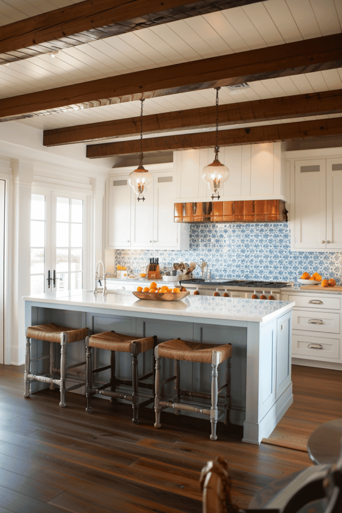 white cabinets copper hood in a Spanish Villa Kitchen 