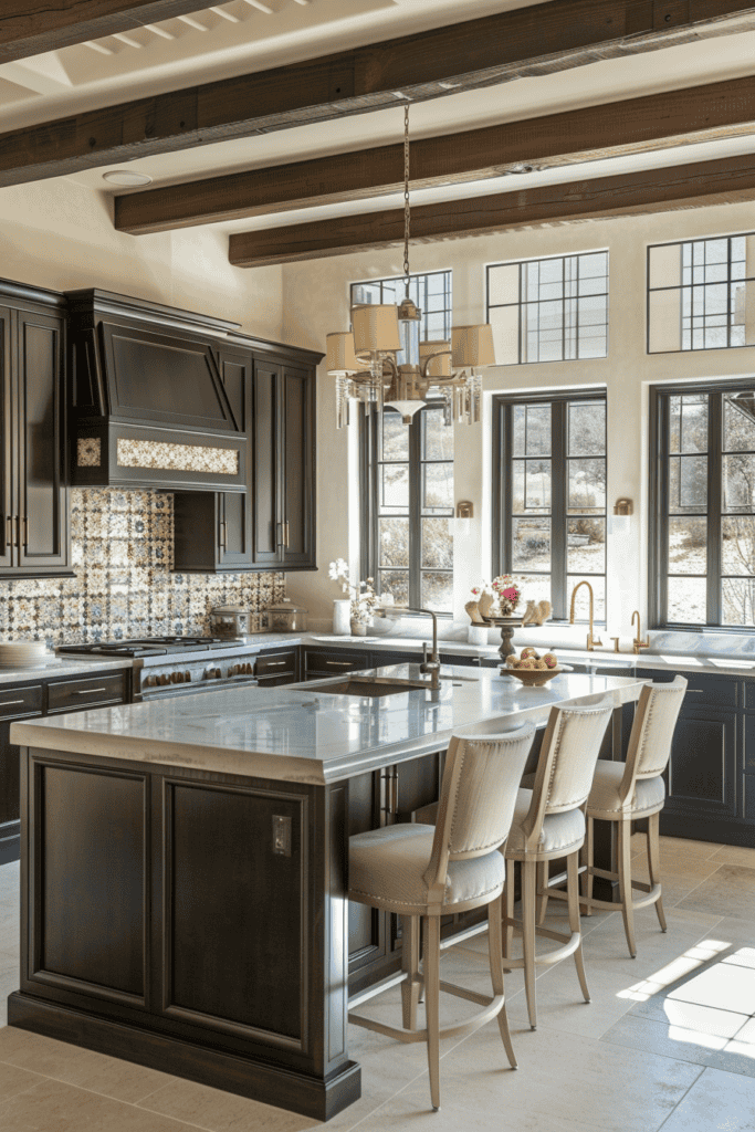 black cabinets Spanish Villa Kitchen  with titles