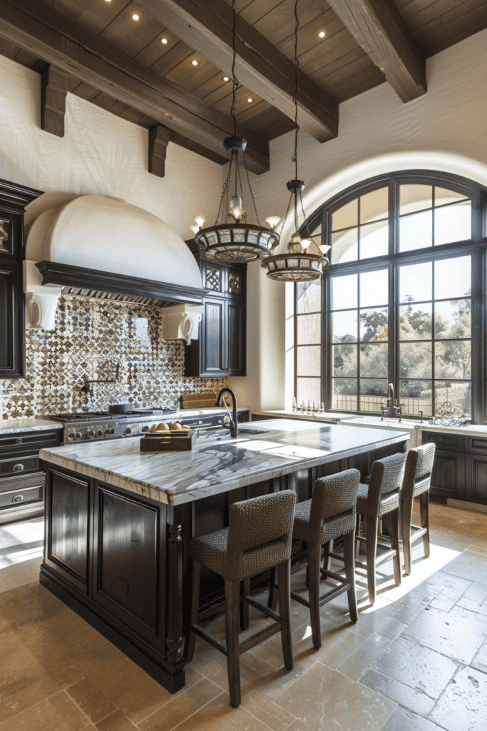 large Spanish Villa Kitchen with arched hood