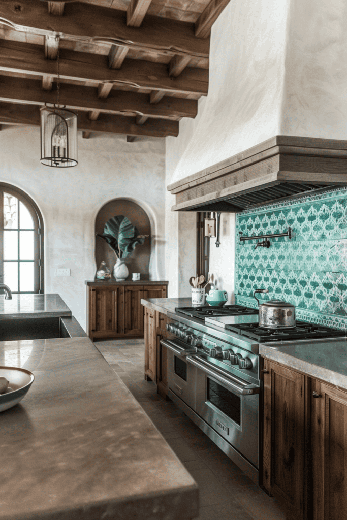 Spanish Villa Kitchen with a teal backsplash