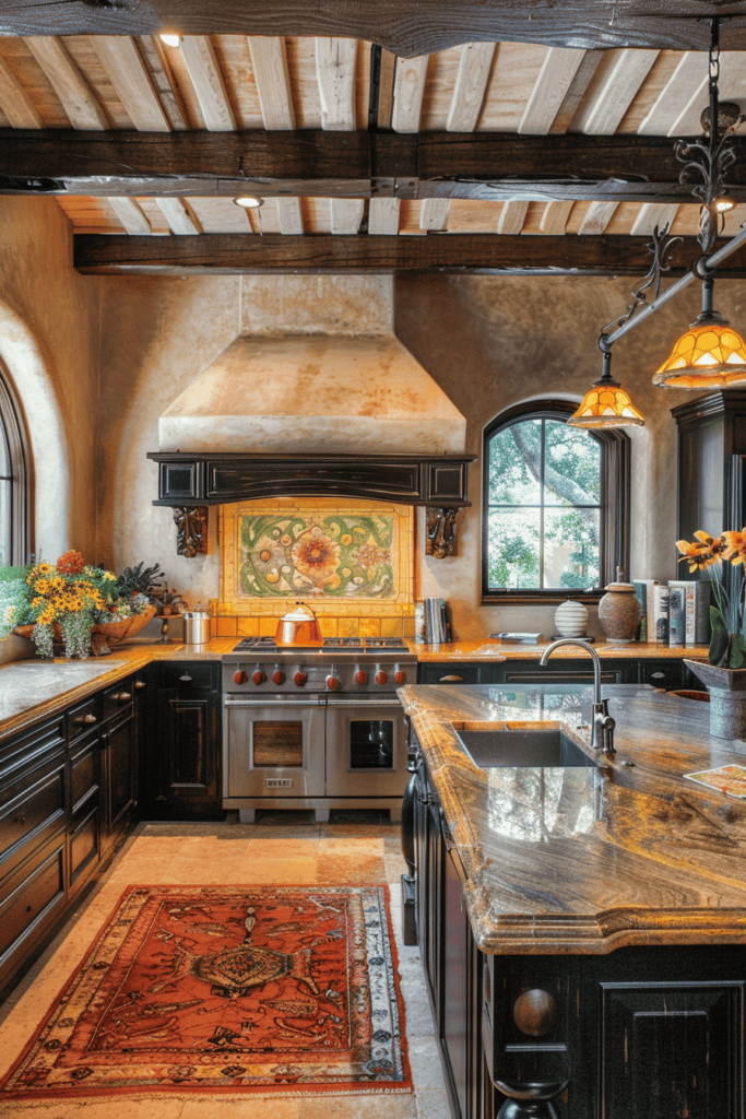 rustic and beautiful Spanish Villa Kitchen  with a bight backsplash