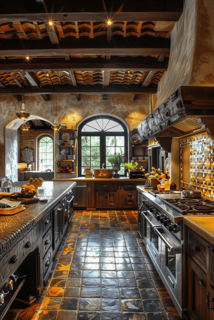 dark rich colors and woods in this Spanish Villa Kitchen 