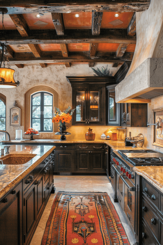 rustic Spanish Villa Kitchen with dark wood and beams