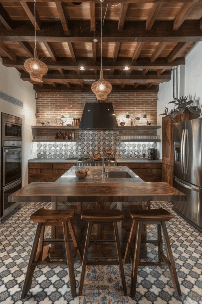 tile and brick in a modern take of a Spanish Villa Kitchen 