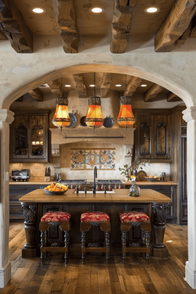 large arch way into a Spanish Villa Kitchen 