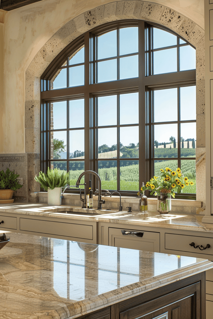 Tuscan cuisine with vineyard window 